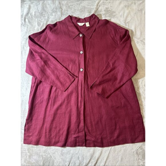 Women’s J.Jill Vintage Tunic Top 3 Buttons Deep Splits Maroon 100% Linen Plus 22 - Picture 2 of 14
